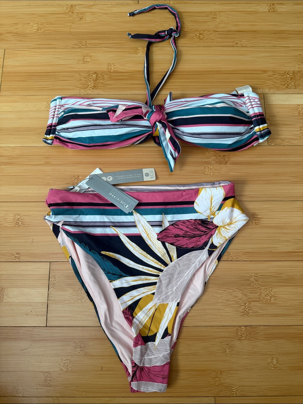 Striped Floral High-Waist Bikini Set in Pink Multi